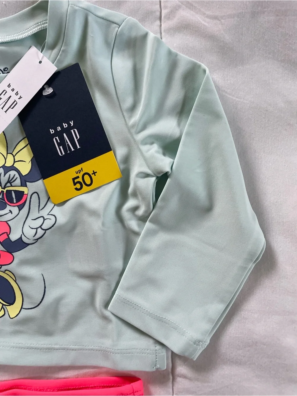 Baby GAP x Disney Mint Long-Sleeve Minnie Rashguard with Neon Pink Bottoms